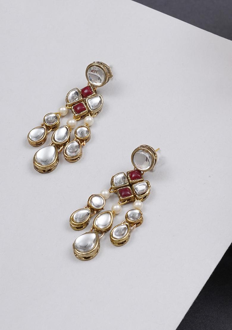 Maroon Mixed Alloy Droopy Kundan Earrings Earrings