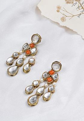 Orange Mixed Alloy Droopy Kundan Earrings Earrings