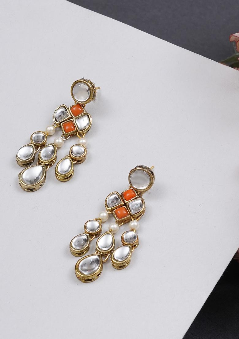 Orange Mixed Alloy Droopy Kundan Earrings Earrings