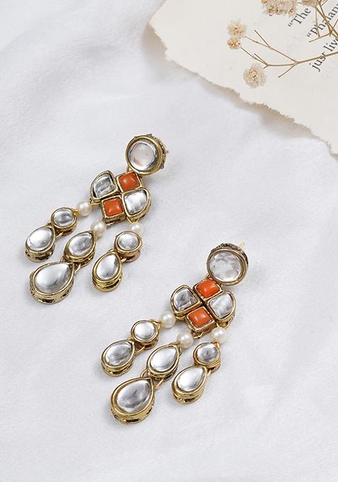 Orange Mixed Alloy Droopy Kundan Earrings Earrings