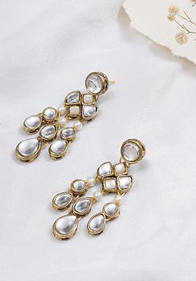Off White Mixed Alloy Droopy Kundan Earrings Earrings