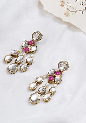 Pink Mixed Alloy Droopy Kundan Earrings Earrings