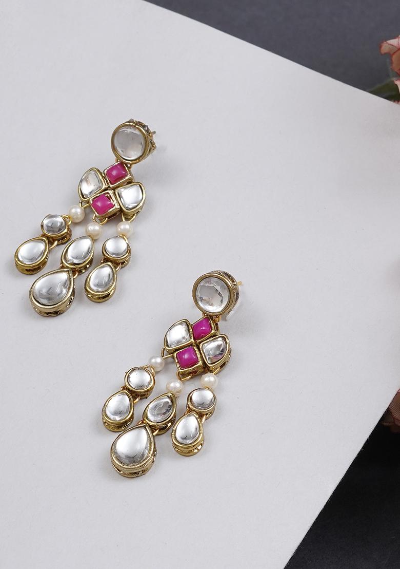 Pink Mixed Alloy Droopy Kundan Earrings Earrings