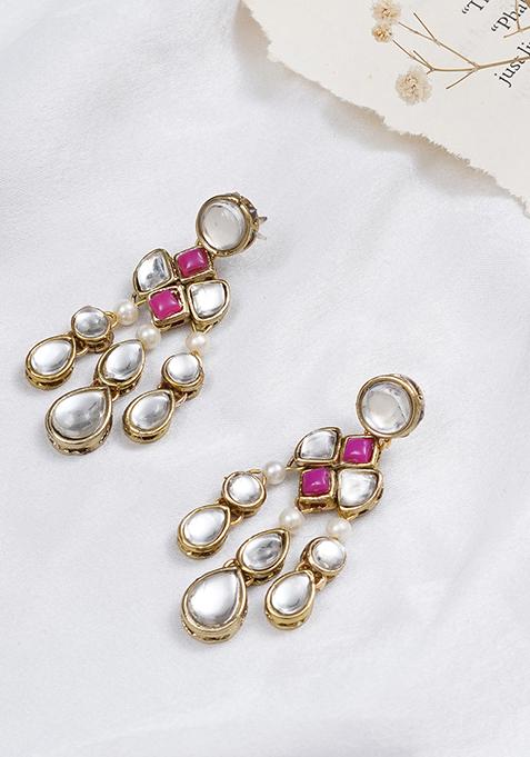 Pink Mixed Alloy Droopy Kundan Earrings Earrings
