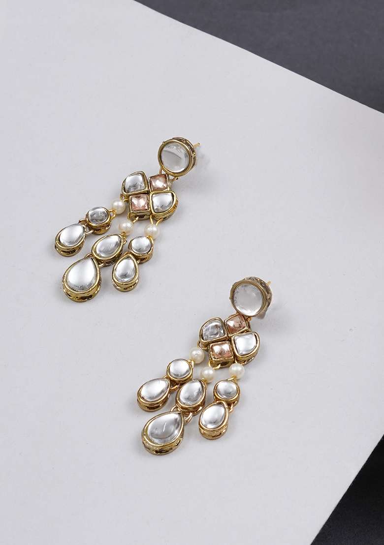 Rose Gold Mixed Alloy Droopy Kundan Earrings Earrings - Indya