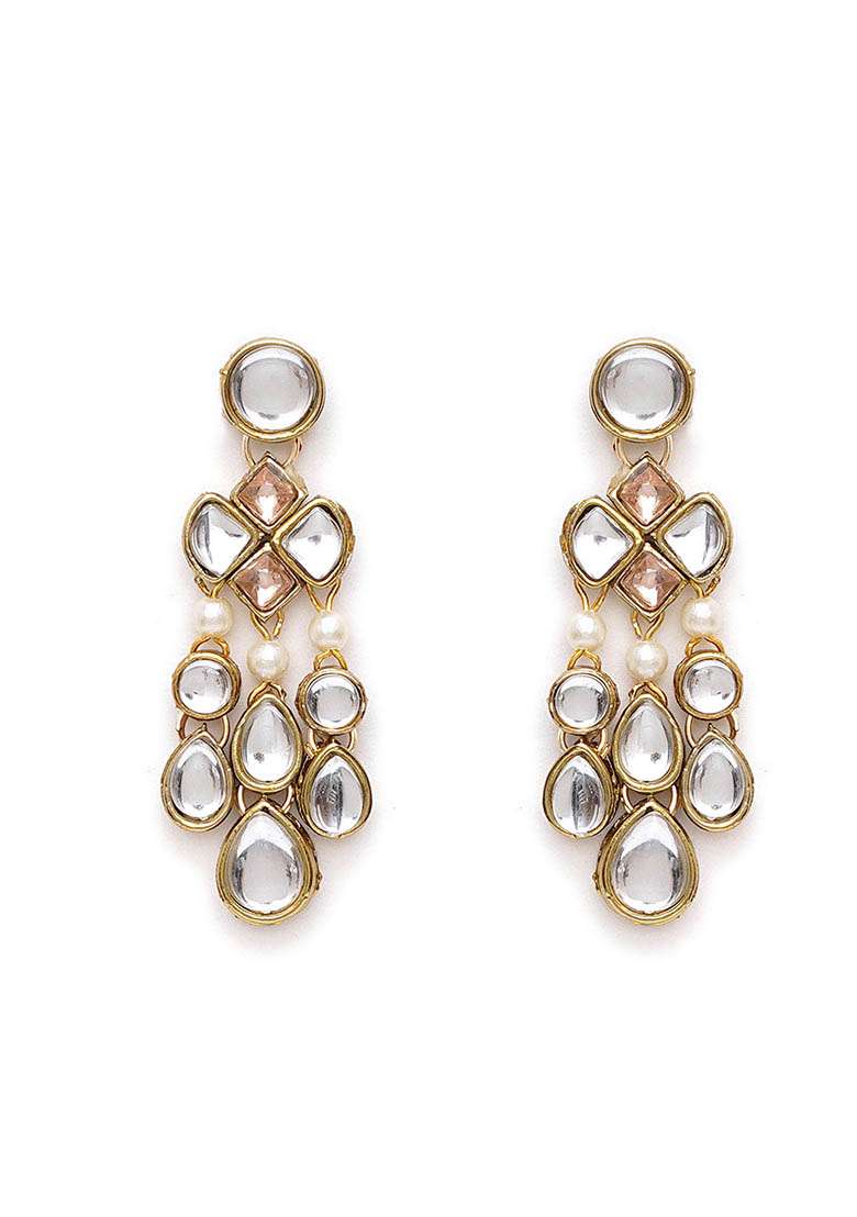 Rose Gold Mixed Alloy Droopy Kundan Earrings Earrings - Indya