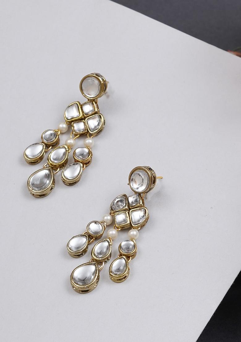 White Mixed Alloy Droopy Kundan Earrings Earrings