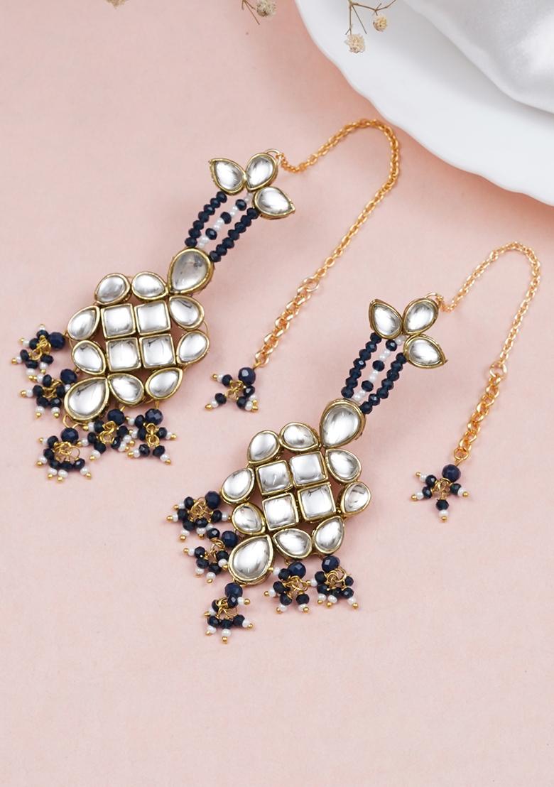 Dark Blue Mixed Alloy Majestic Kundan Earrings Earrings