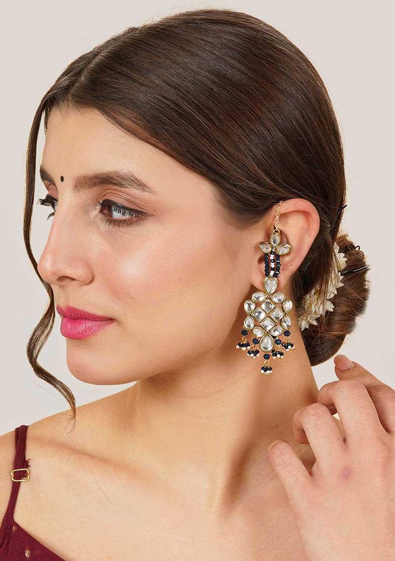 Dark Blue Mixed Alloy Majestic Kundan Earrings Earrings