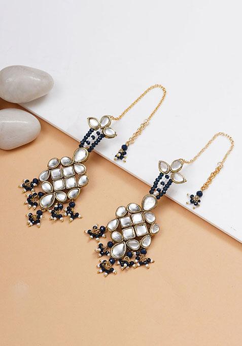 Dark Blue Mixed Alloy Majestic Kundan Earrings Earrings