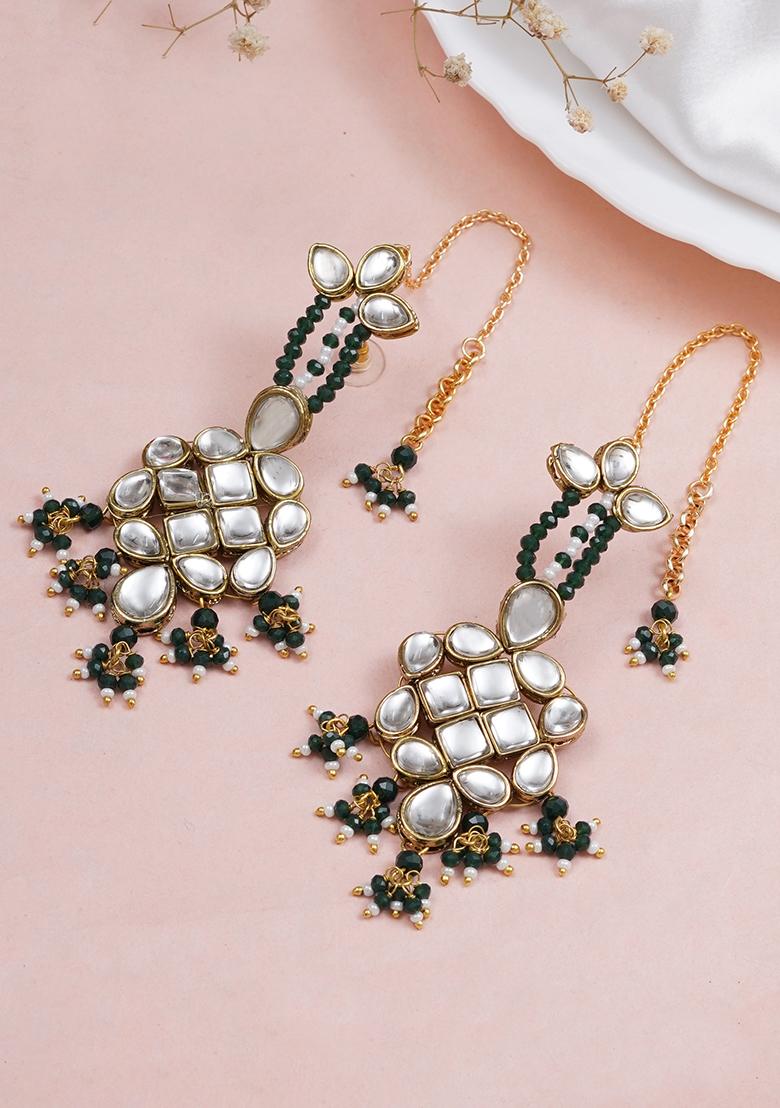 Dark Green Mixed Alloy Majestic Kundan Earrings Earrings