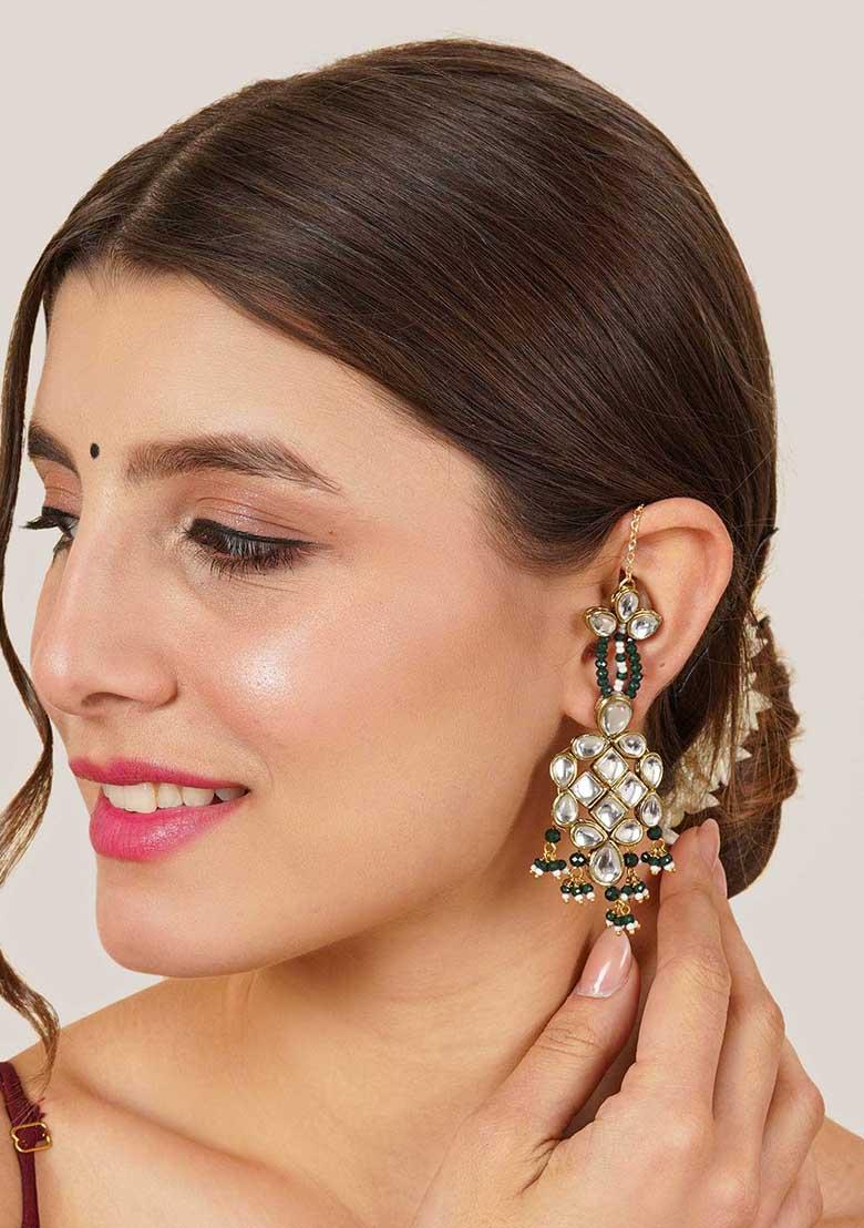 Dark Green Mixed Alloy Majestic Kundan Earrings Earrings