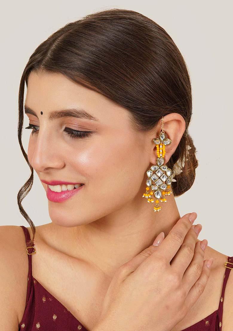 Yellow Mixed Alloy Majestic Kundan Earrings Earrings