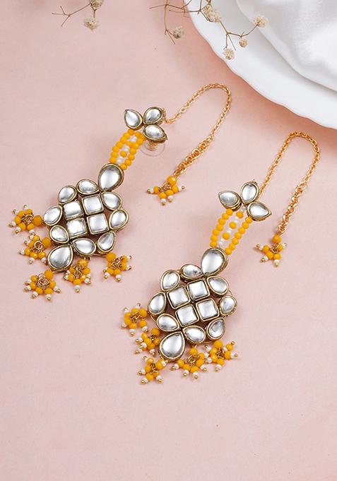 Yellow Mixed Alloy Majestic Kundan Earrings Earrings