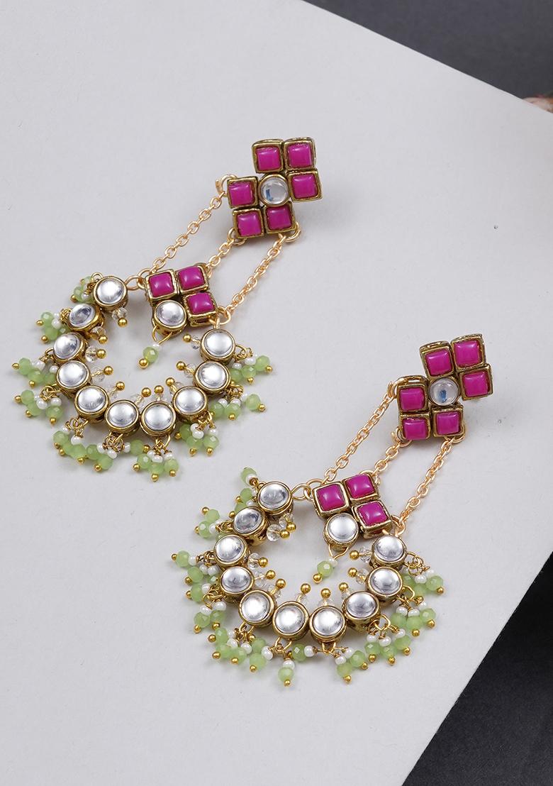 Light Green And Pink Mixed Alloy Dramatic Kundan Chandbali Earrings