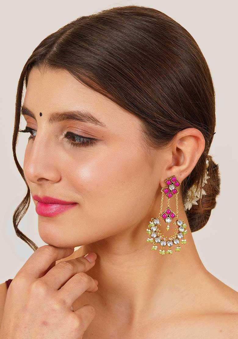 Light Green And Pink Mixed Alloy Dramatic Kundan Chandbali Earrings