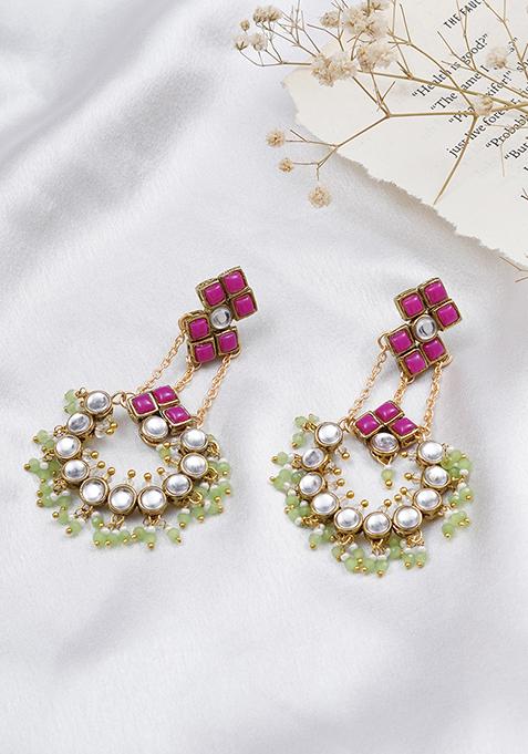 Light Green And Pink Mixed Alloy Dramatic Kundan Chandbali Earrings