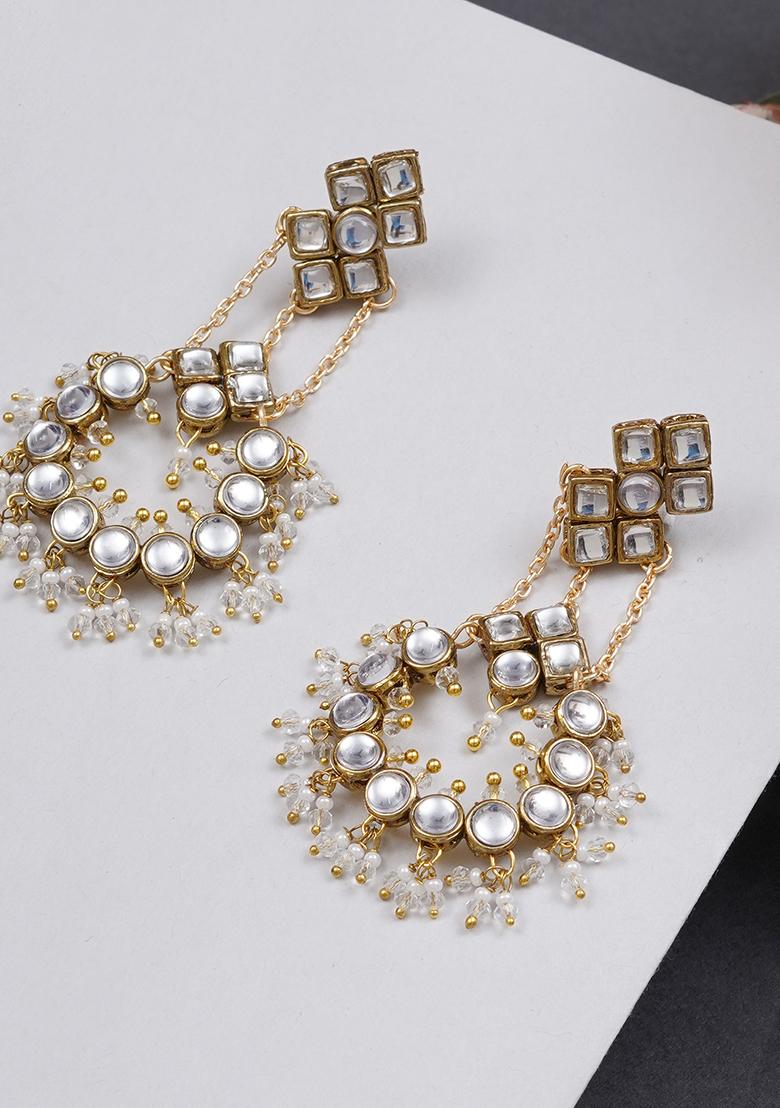 Transparent White Mixed Alloy Dramatic Kundan Chandbali Earrings
