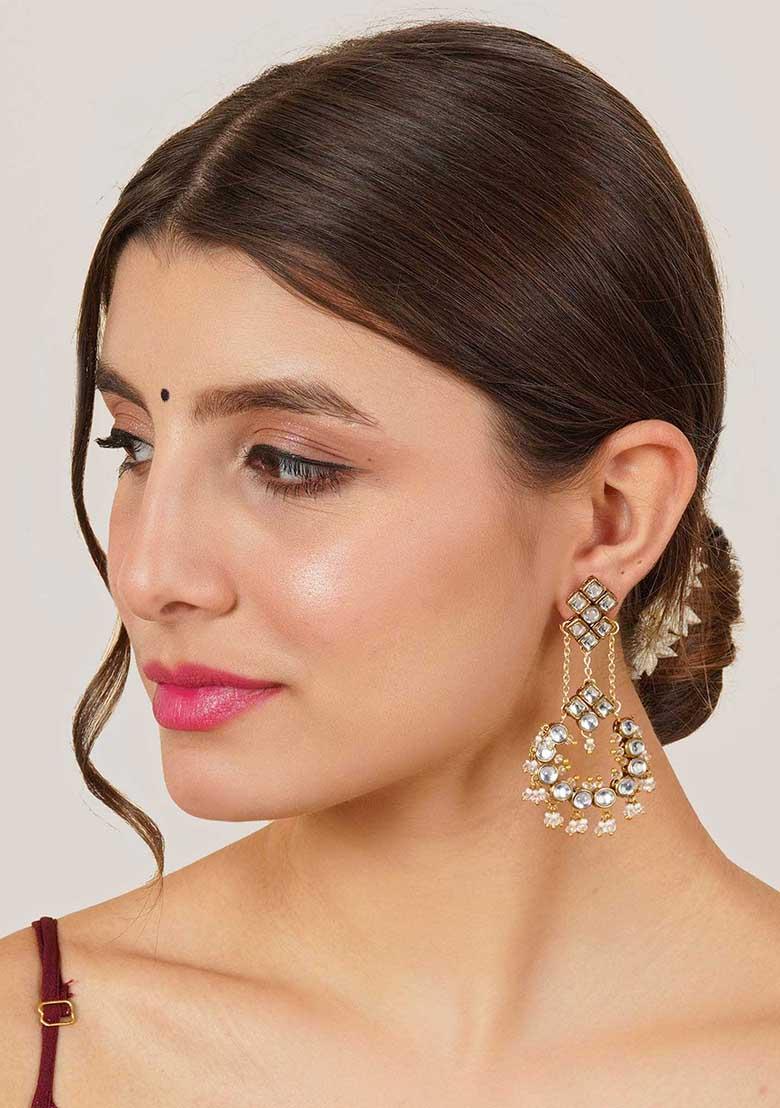 Transparent White Mixed Alloy Dramatic Kundan Chandbali Earrings