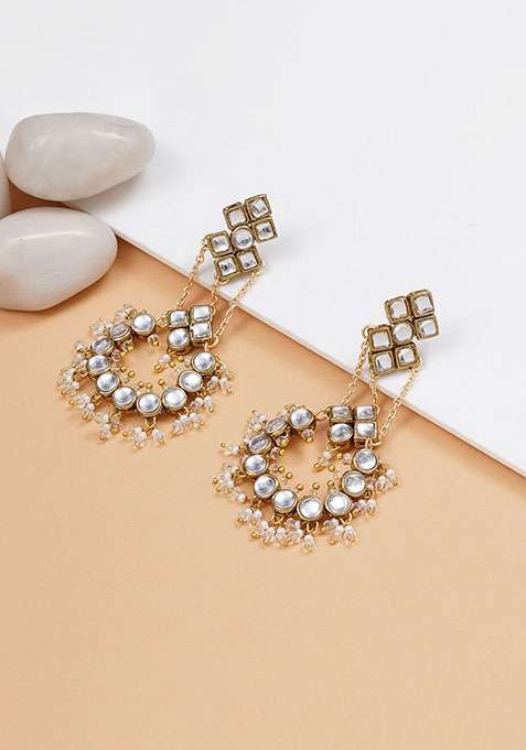 Transparent White Mixed Alloy Dramatic Kundan Chandbali Earrings