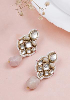 Pink Mixed Alloy Regal Kundanand Pearl Drop Pink Earrings