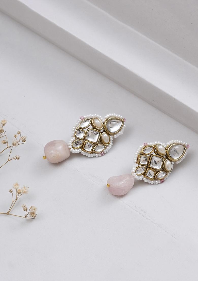 Pink Mixed Alloy Regal Kundanand Pearl Drop Pink Earrings