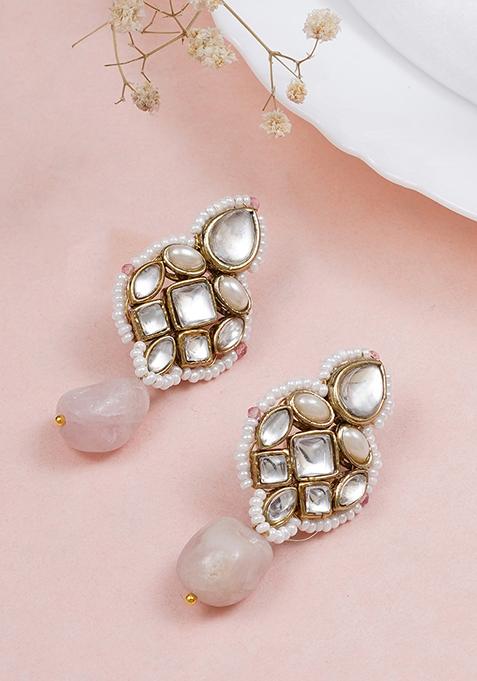 Pink Mixed Alloy Regal Kundanand Pearl Drop Pink Earrings