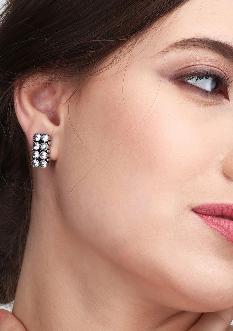 Silver Plated Ad Studded Geometric Drop Earrings