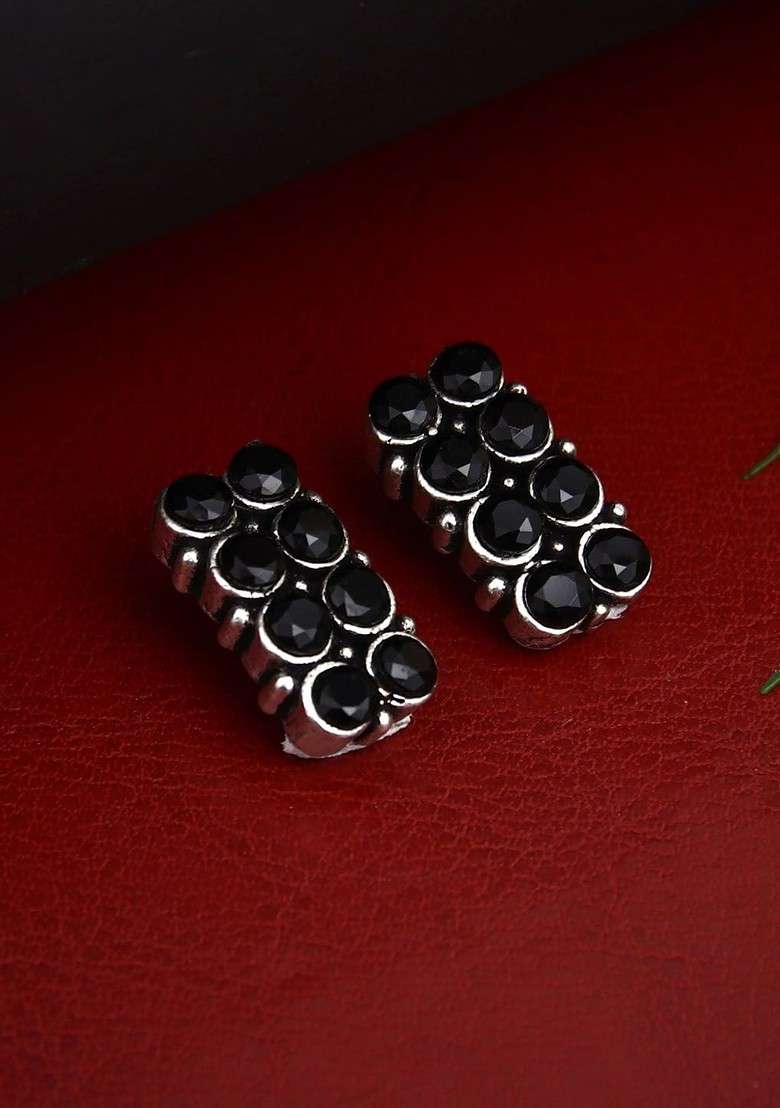 Silver Plated American Diamond Geometric Oxidised Stud Earrings - Indya