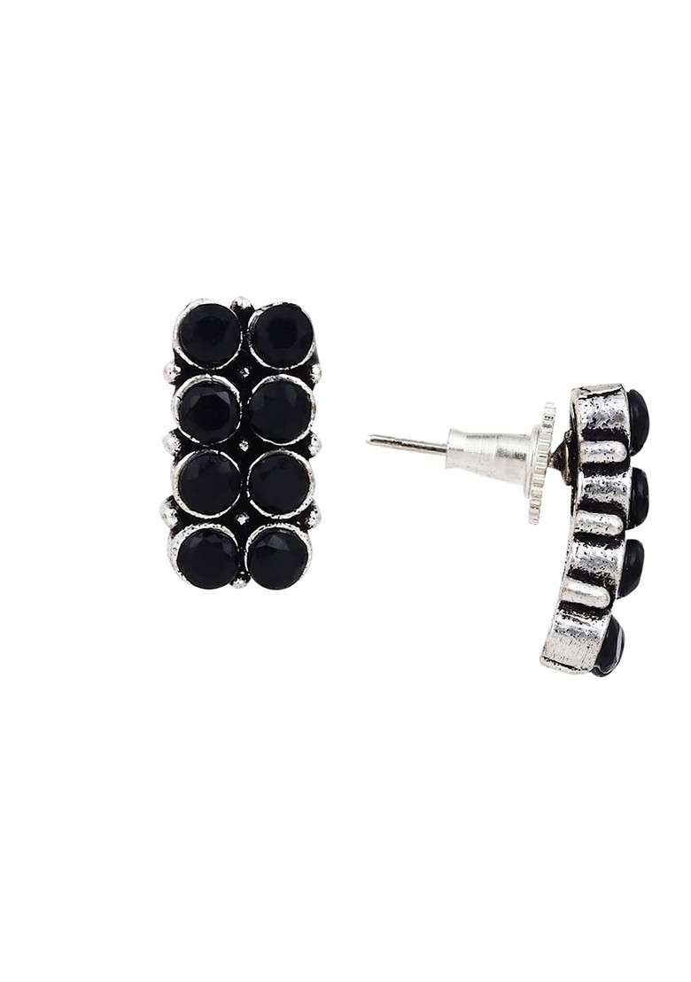 Silver Plated American Diamond Geometric Oxidised Stud Earrings - Indya