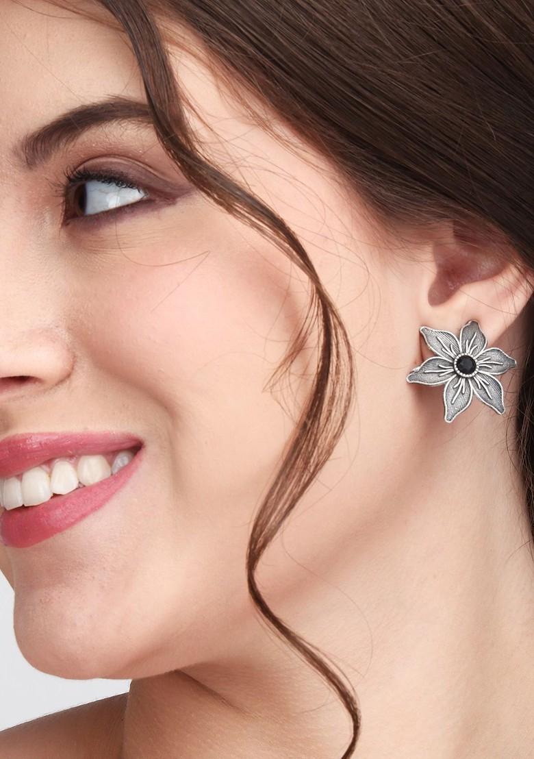 Silver Plated Stone Studded Flower Shaped Brass Studs Earrings