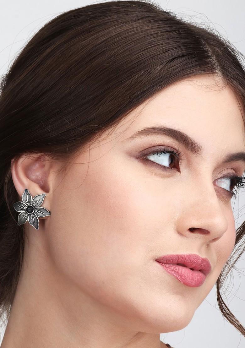 Silver Plated Stone Studded Flower Shaped Brass Studs Earrings