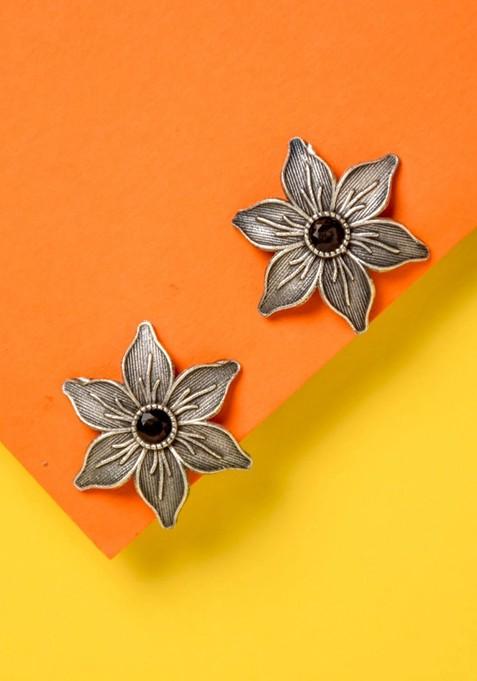 Silver Plated Stone Studded Flower Shaped Brass Studs Earrings