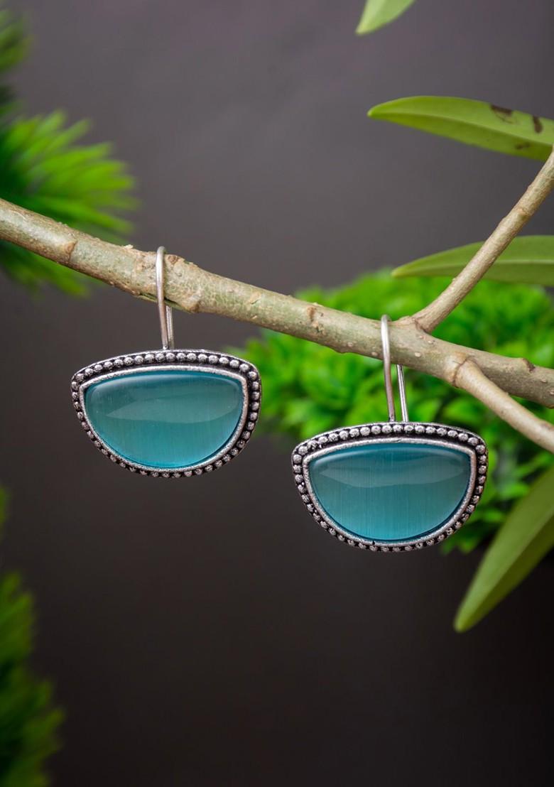 Silver Plated Stone Studded Crescent Shaped Drop Earrings