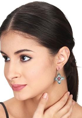 Silver Plated Stone Studded Contemporary Oxidised Drop Earrings