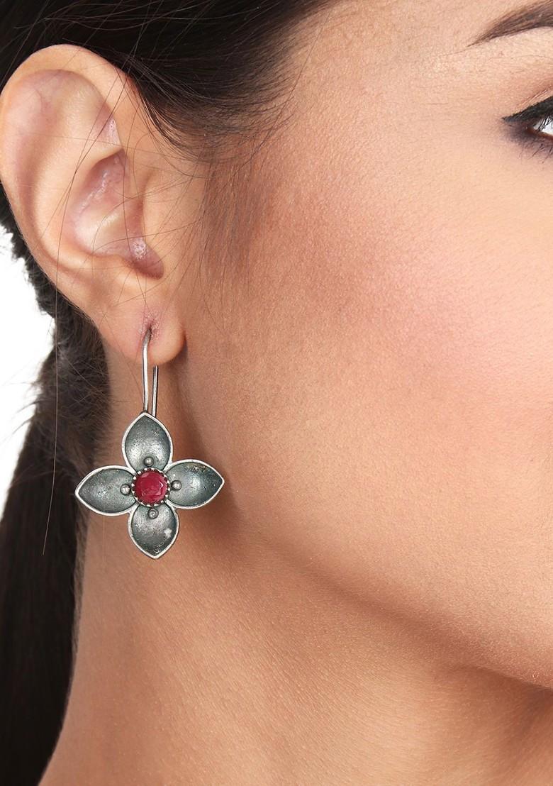 Silver Plated Stone Studded Contemporary Oxidised Drop Earrings