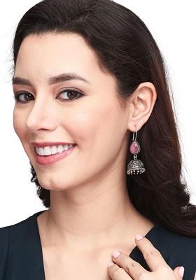 Silver Plated Stone Studded Teardrop Shaped Jhumkas