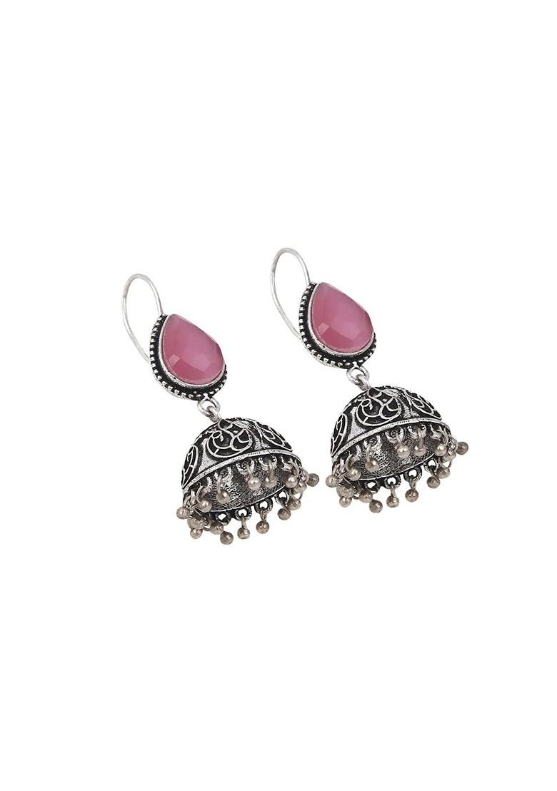 Silver Plated Stone Studded Teardrop Shaped Jhumkas