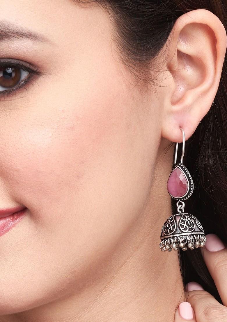 Silver Plated Stone Studded Teardrop Shaped Jhumkas