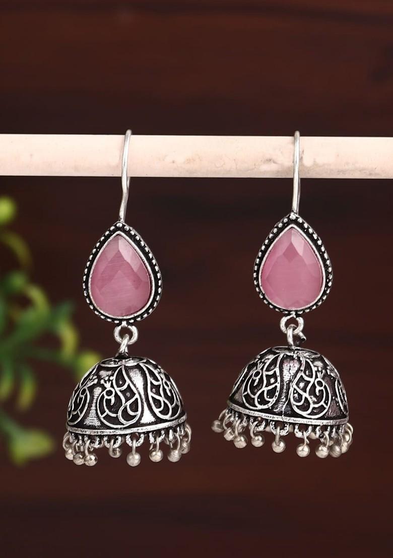 Silver Plated Stone Studded Teardrop Shaped Jhumkas
