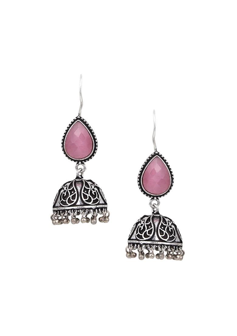 Silver Plated Stone Studded Teardrop Shaped Jhumkas