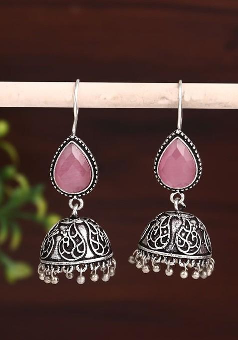 Silver Plated Stone Studded Teardrop Shaped Jhumkas