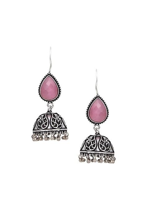 Silver Plated Stone Studded Teardrop Shaped Jhumkas