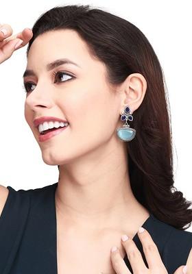 Silver Plated American Diamond Contemporary Oxidised Drop Earrings