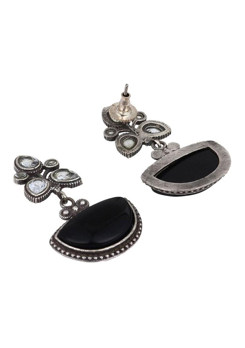 Silver Plated American Diamond Contemporary Oxidised Drop Earrings