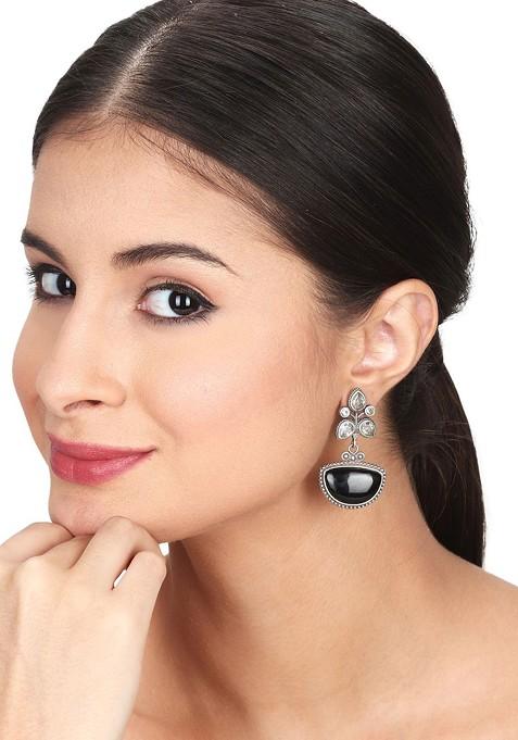 Silver Plated American Diamond Contemporary Oxidised Drop Earrings