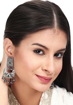 Silver Plated Stone Studded And Beaded Contemporary Oxidised Chandbalis