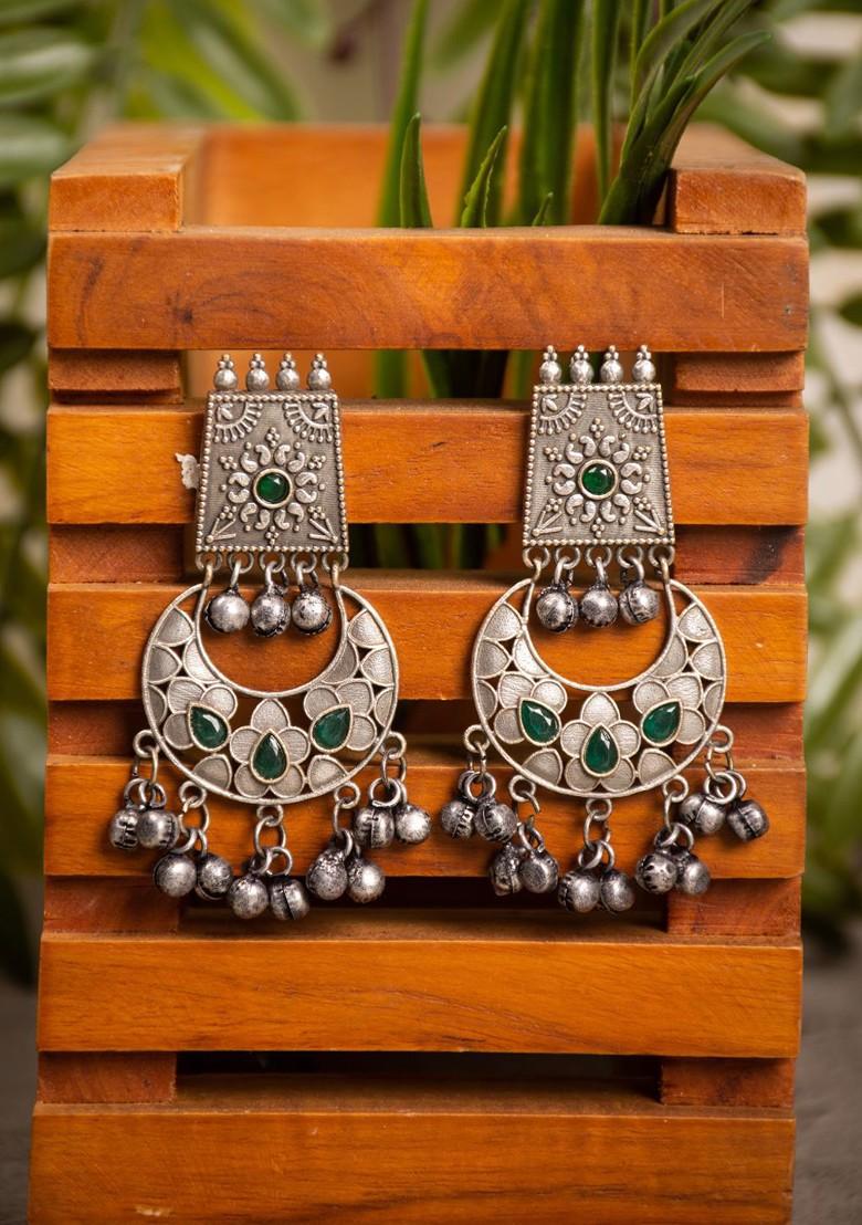 Silver Plated Stone Studded And Beaded Contemporary Oxidised Chandbalis