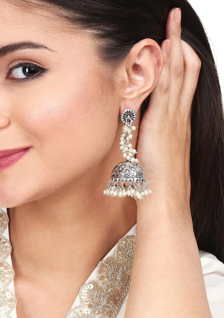 Silver Plated Beaded Contemporary Brass Jhumkas