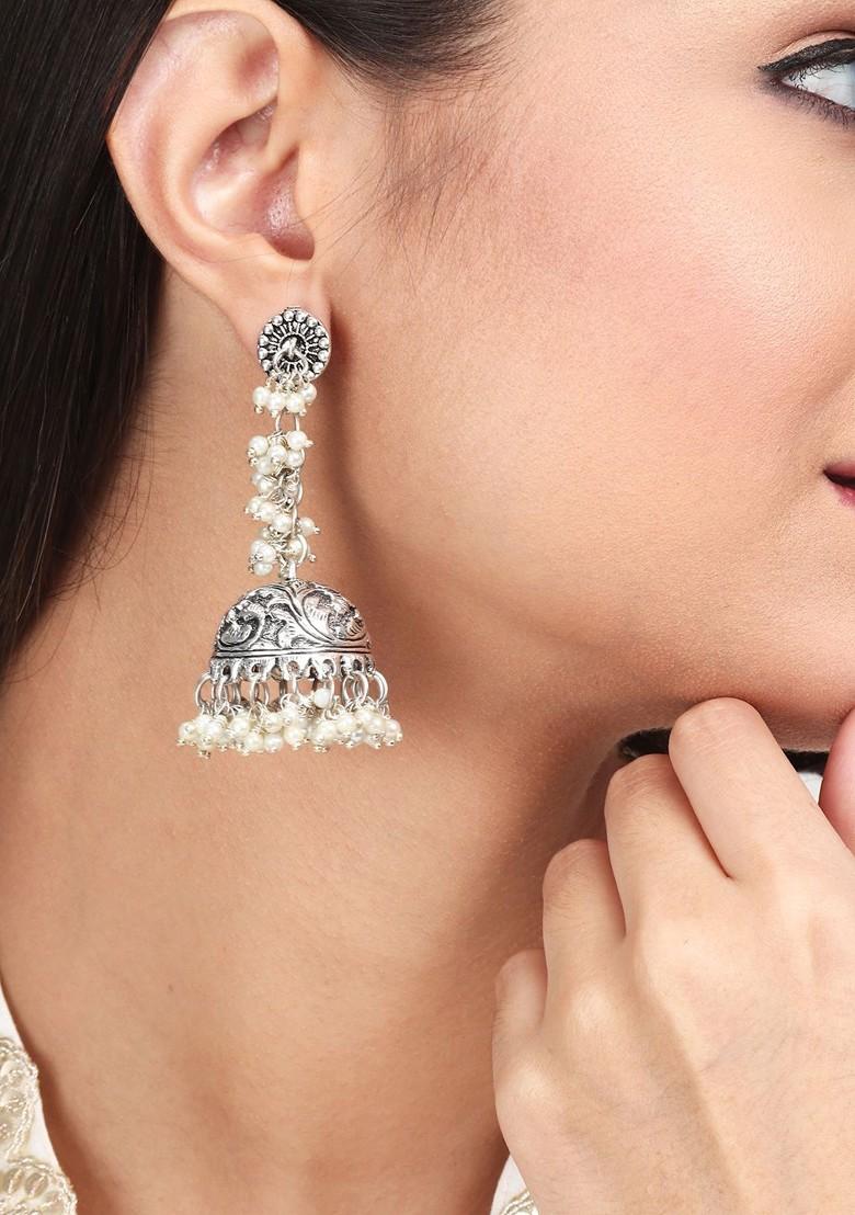 Silver Plated Beaded Contemporary Brass Jhumkas